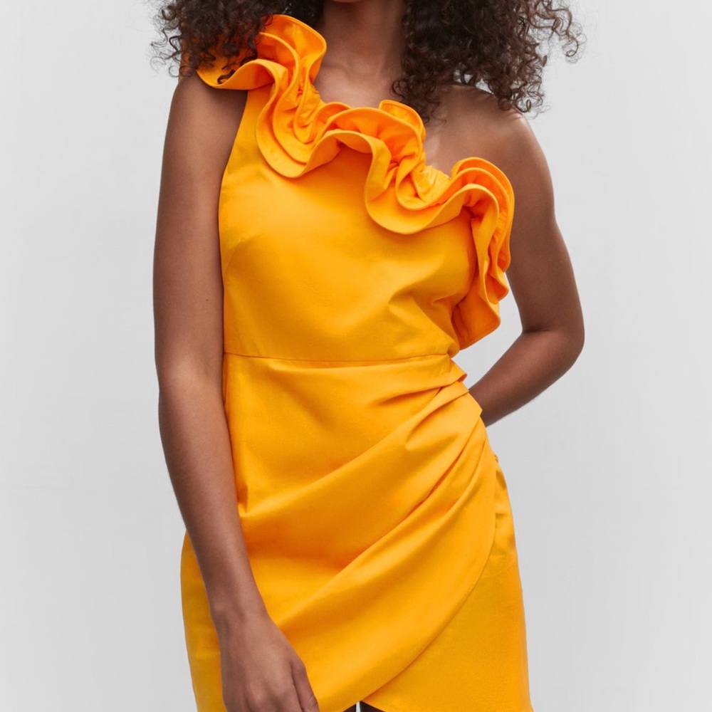 Mango One-Shoulder Ruffle Mini Dress in Orange - Picture 3 of 7